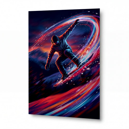 Obraz Snowboardista v plamenech dynamiky — lesklý panel z hliníku