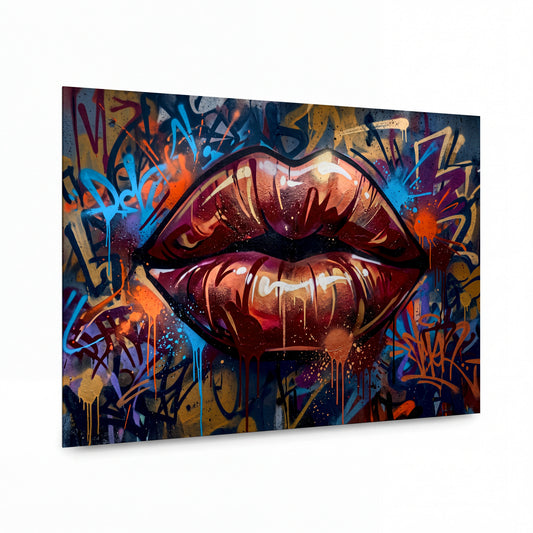 Obraz Třpytivé rty v graffiti objetí — kovový obraz na hliníkovém panelu s vysokým leskem