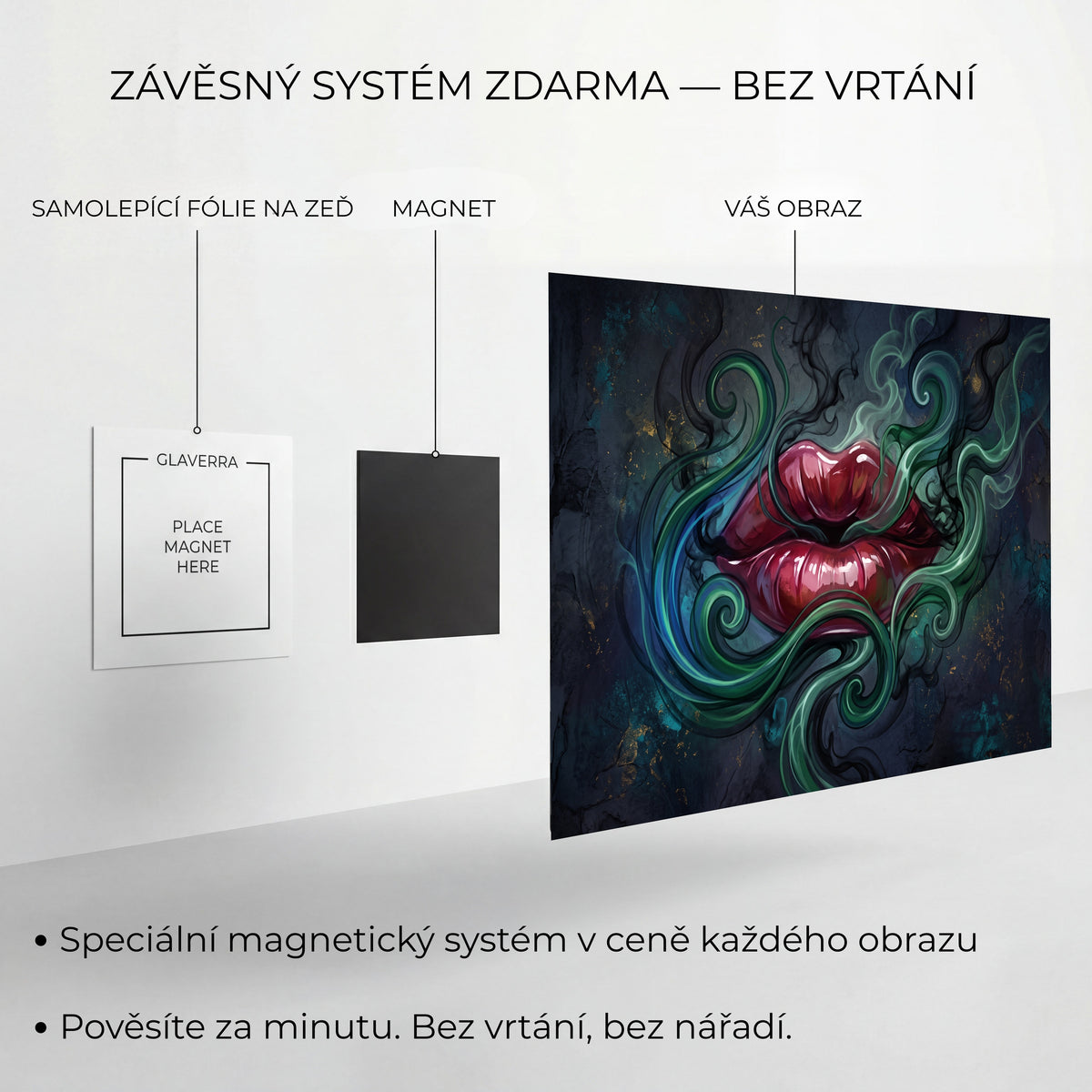 Magnetický systém uchycení kovového obrazu bez vrtání