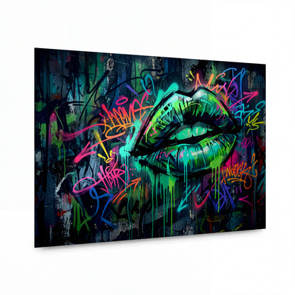 Obraz Neonové rty v graffiti vichřici — kovový obraz na hliníkovém panelu s vysokým leskem