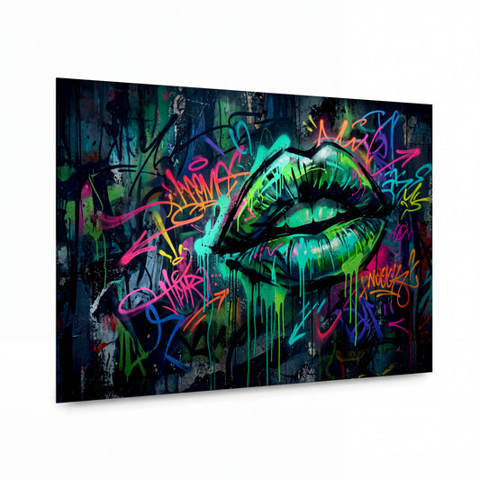 Obraz Neonové rty v graffiti vichřici — kovový obraz na hliníkovém panelu s vysokým leskem