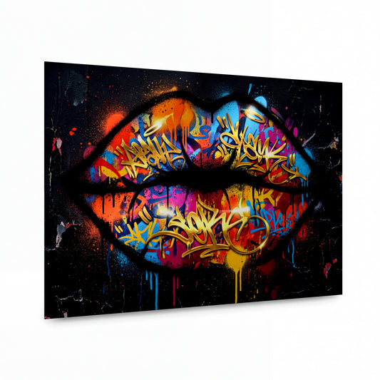 Obraz Graffiti rty v kaleidoskopu sprejerských štětců — kovový obraz na hliníkovém panelu s vysokým leskem