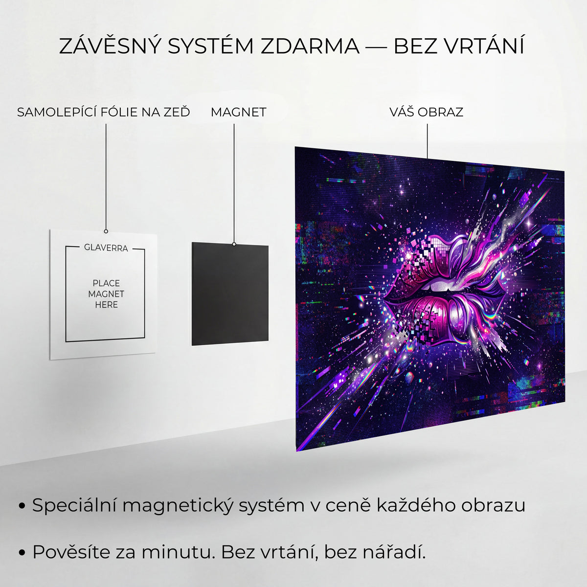 Magnetický systém uchycení kovového obrazu bez vrtání