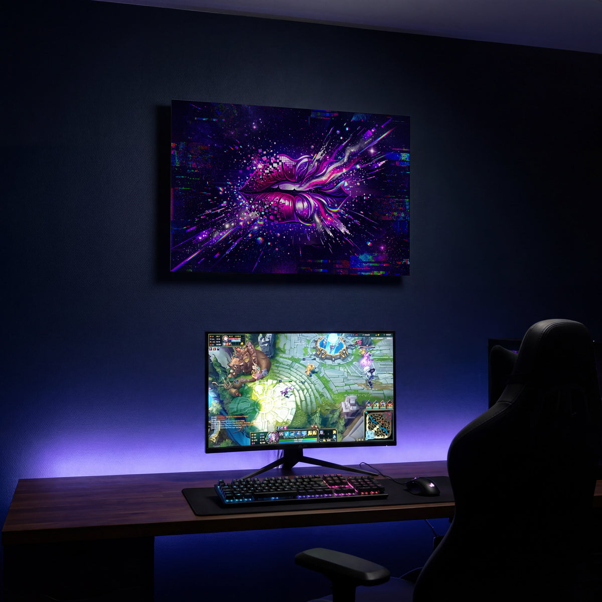 Kovový obraz Digitální exploze fialových rtů jako dekorace nad herním setupem