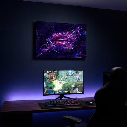 Kovový obraz Digitální exploze fialových rtů jako dekorace nad herním setupem