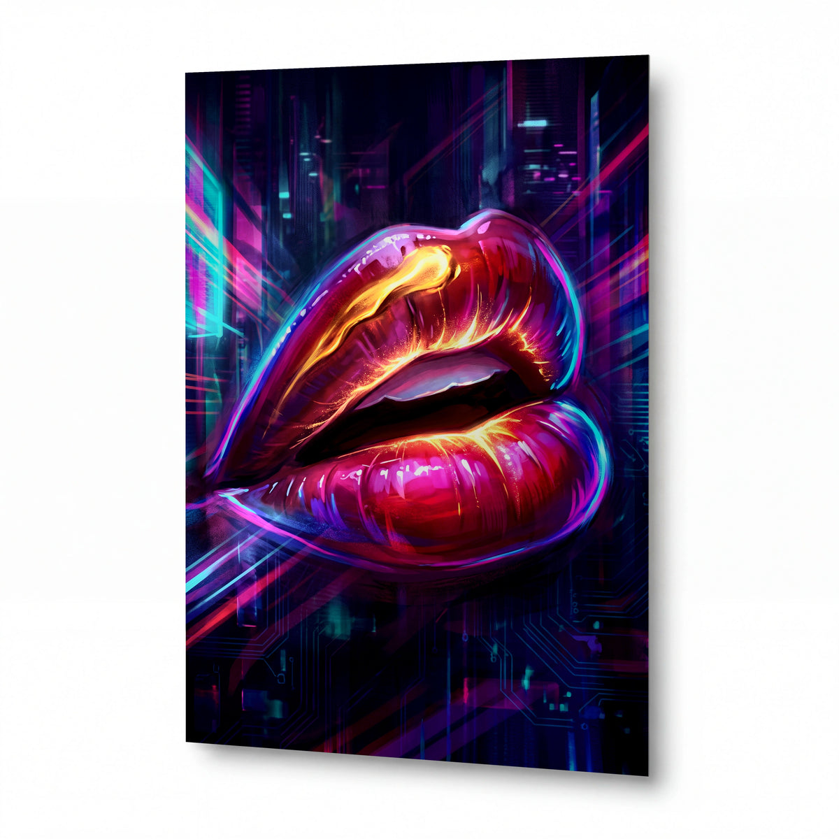 Obraz Neonové rty v digitálním městě — kovový obraz na hliníkovém panelu s vysokým leskem