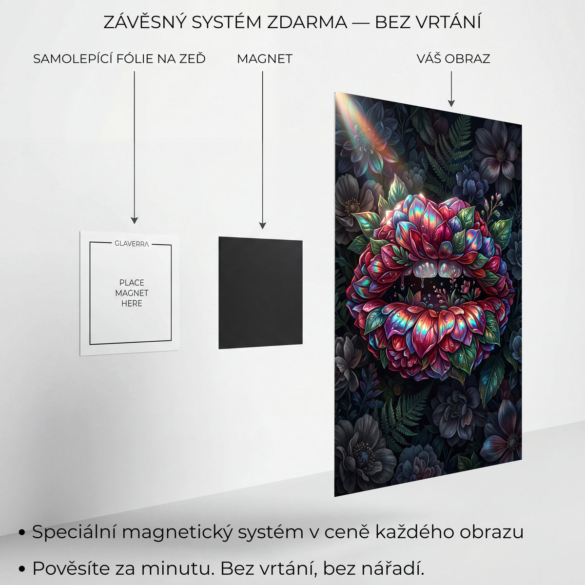 Magnetický systém uchycení kovového obrazu bez vrtání