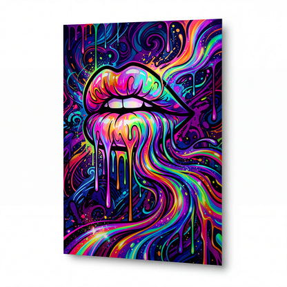 Obraz Psychedelický polibek v duhových kapkách — kovový obraz na hliníkovém panelu s vysokým leskem