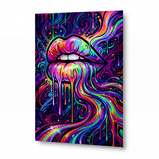 Obraz Psychedelický polibek v duhových kapkách — kovový obraz na hliníkovém panelu s vysokým leskem