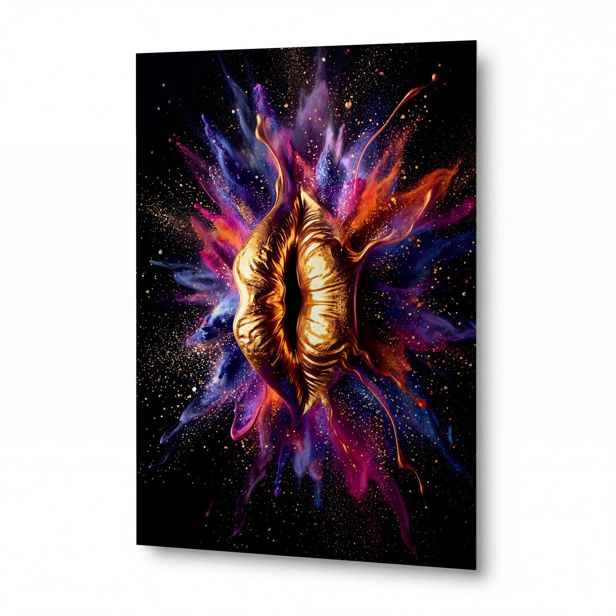 Obraz Zlaté rty v kosmickém výbuchu barev — kovový obraz na hliníkovém panelu s vysokým leskem