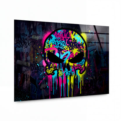 Obraz Lebka v neonových barvách graffiti — kovový obraz na hliníkovém panelu s vysokým leskem
