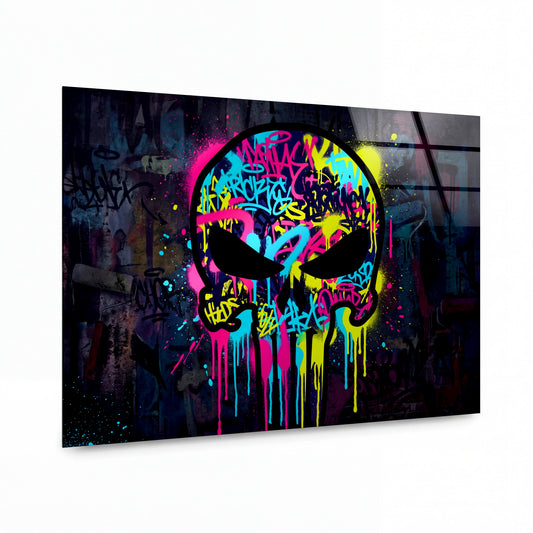 Obraz Lebka v neonových barvách graffiti — kovový obraz na hliníkovém panelu s vysokým leskem