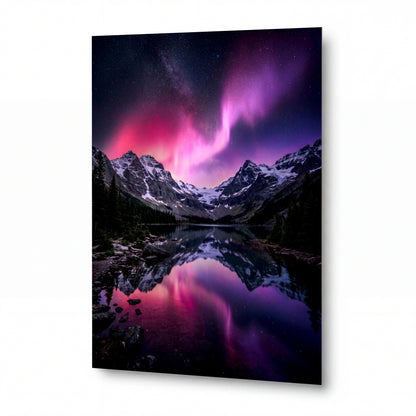 Obraz Polární záře nad horským jezerem — kovový obraz na hliníkovém panelu s vysokým leskem