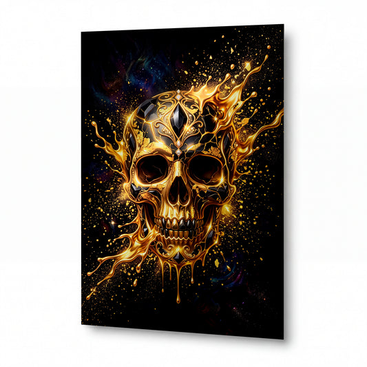 Obraz Zlato tekoucí z kosmické lebky — kovový obraz na hliníkovém panelu s vysokým leskem