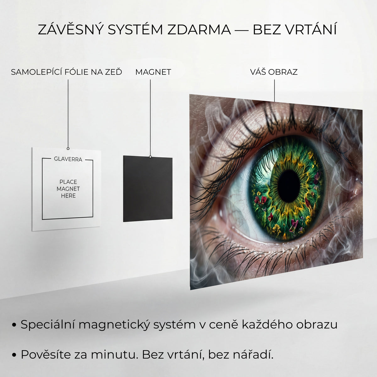 Magnetický systém uchycení kovového obrazu bez vrtání