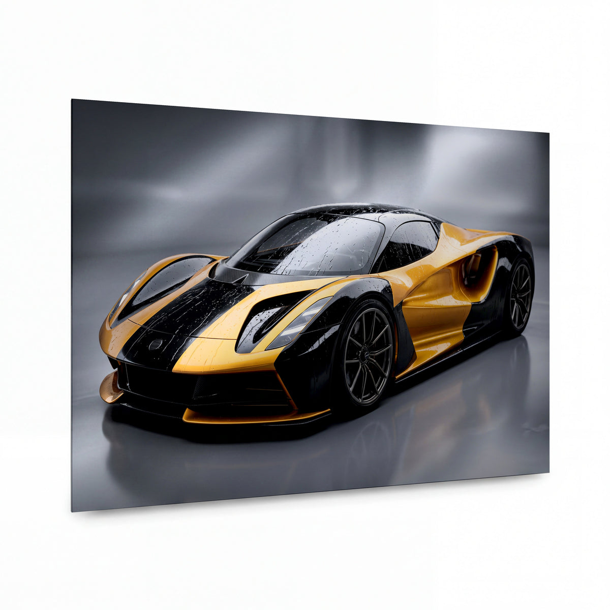 Obraz Zlatočerný hypersport v kapkách deště — kovový obraz na hliníkovém panelu s vysokým leskem
