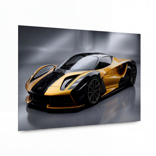 Obraz Zlatočerný hypersport v kapkách deště — kovový obraz na hliníkovém panelu s vysokým leskem