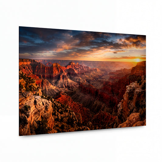 Obraz Žhavý západ nad vrstvami Grand Canyonu — kovový obraz na hliníkovém panelu s vysokým leskem