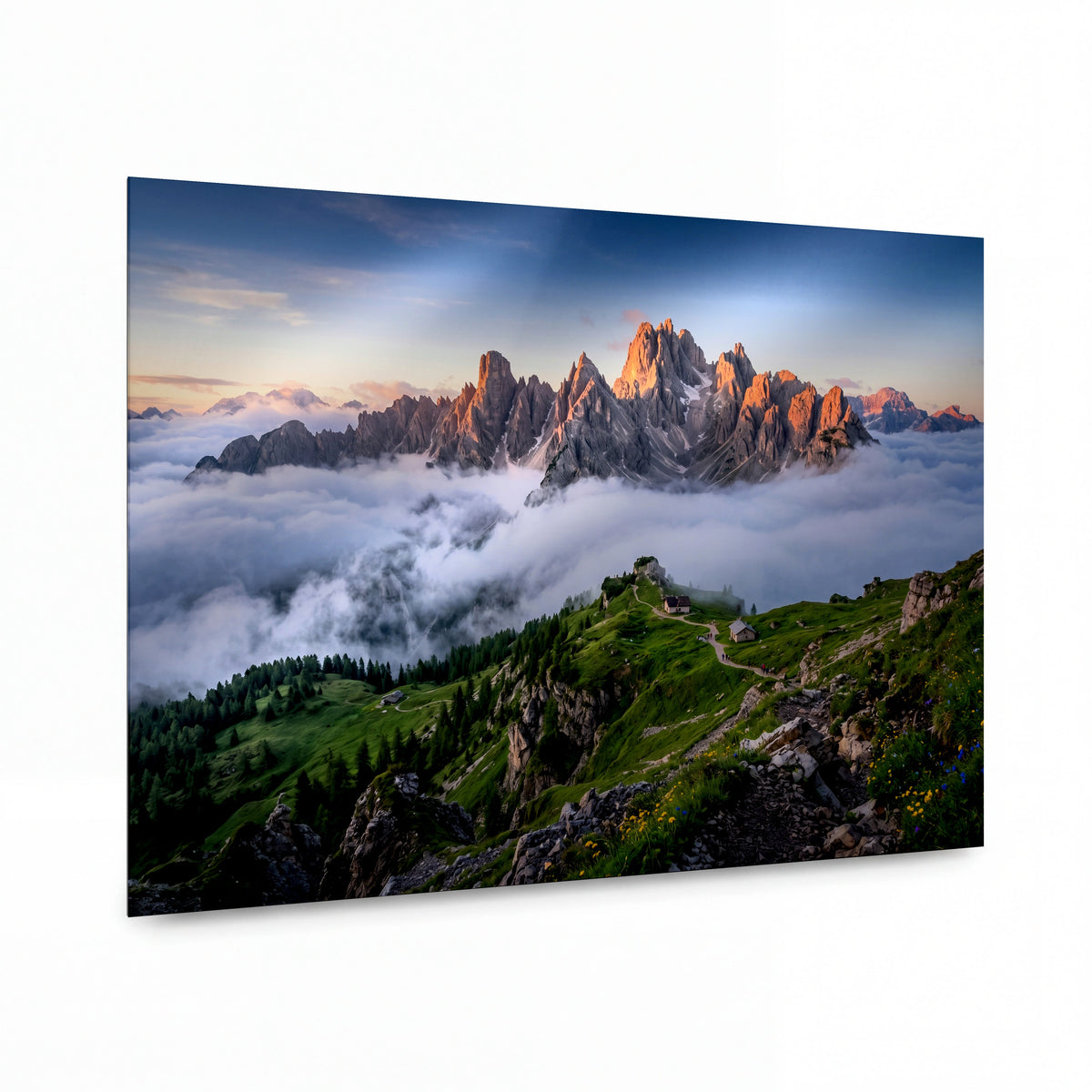 Obraz Dolomitské štíty v objetí mlhy — kovový obraz s vysokým leskem
