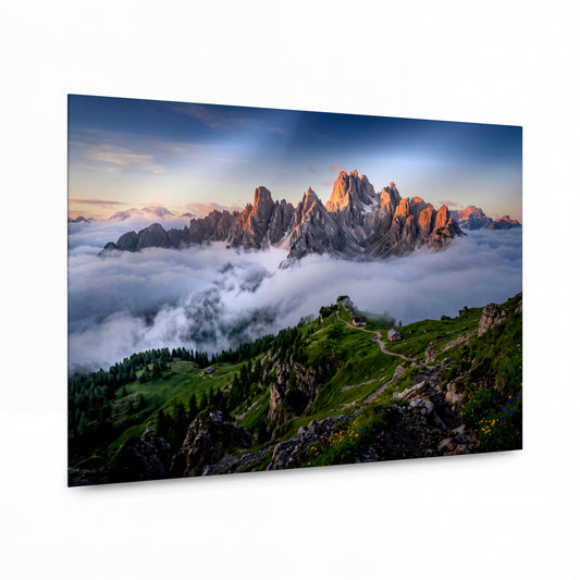Obraz Dolomitské štíty v objetí mlhy — kovový obraz s vysokým leskem
