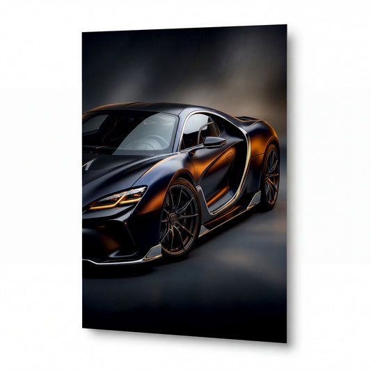 Obraz Supercar v tanečním objetí stínů a měděného světla — kovový obraz na hliníkovém panelu s vysokým leskem