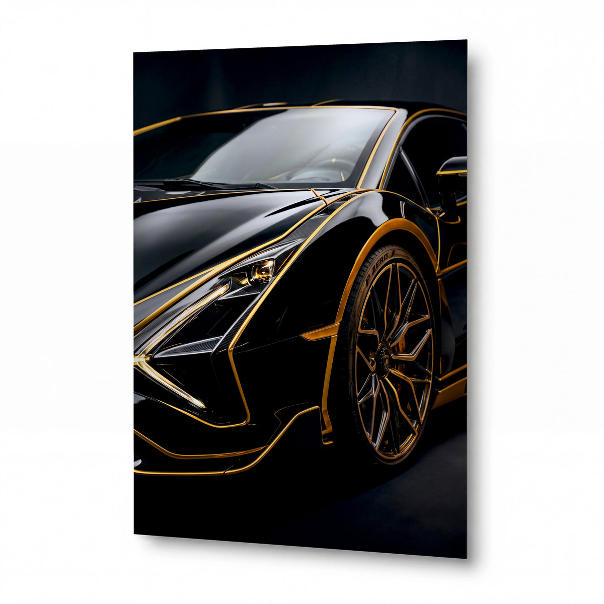 Obraz Supercar v objetí zlatých linií — kovový obraz na hliníkovém panelu s vysokým leskem