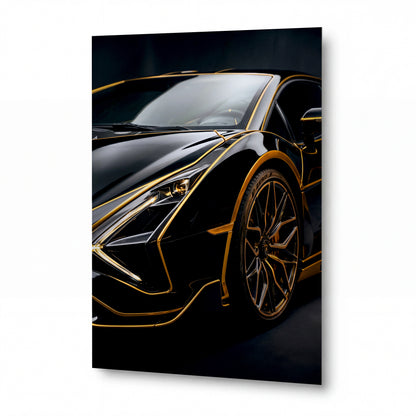 Obraz Supercar v objetí zlatých linií — kovový obraz na hliníkovém panelu s vysokým leskem