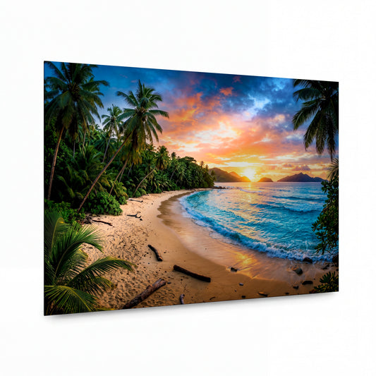 Obraz Obraz Palmová zátoka v plamenech úsvitu — kovový obraz na hliníkovém panelu s vysokým leskem