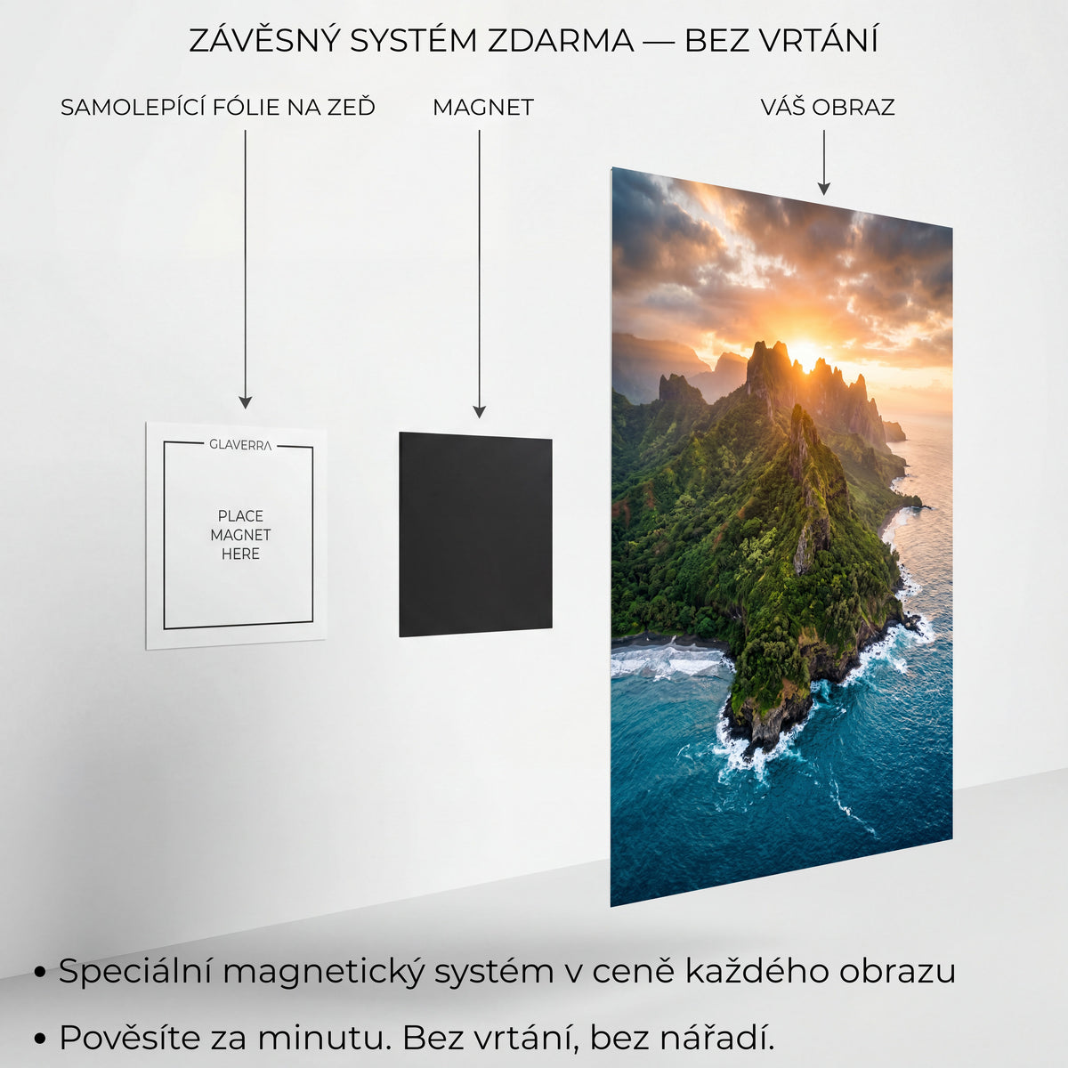 Magnetický systém uchycení kovového obrazu bez vrtání