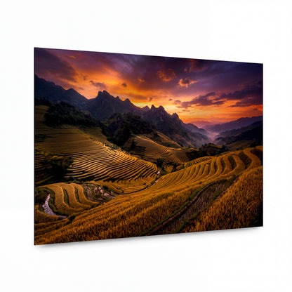 Obraz Zlaté rýžové terasy v objetí horského soumraku — kovový obraz na hliníkovém panelu s vysokým leskem