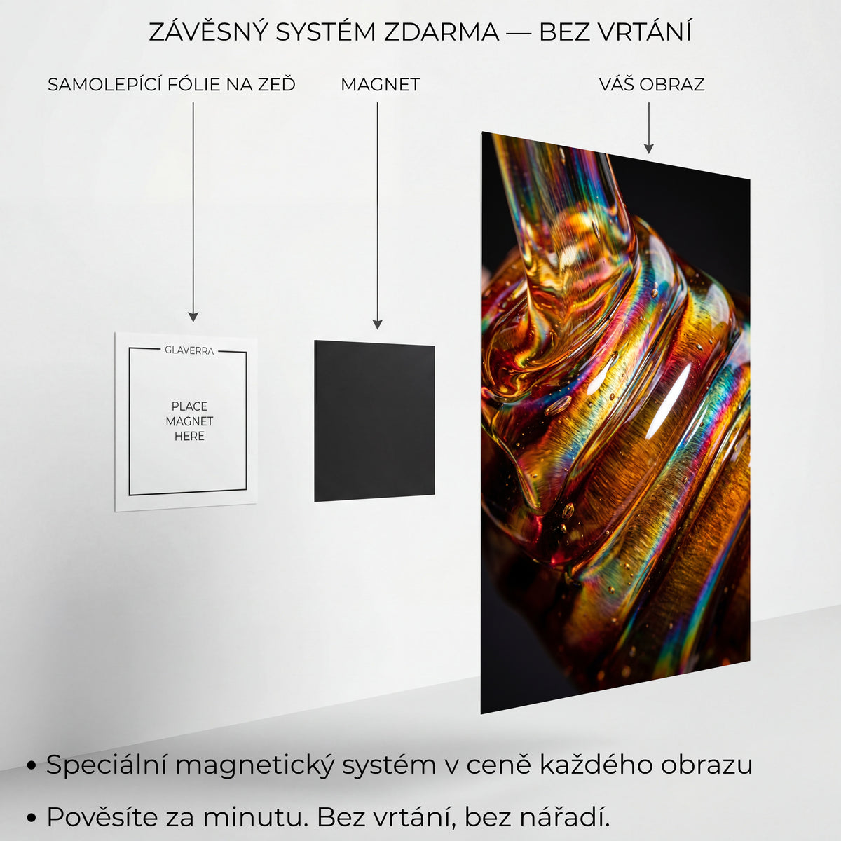 Magnetický systém uchycení kovového obrazu bez vrtání