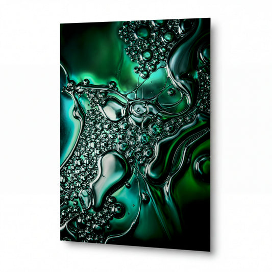 Obraz Smaragdové kapky v chromovém objetí — kovový obraz na hliníkovém panelu s vysokým leskem