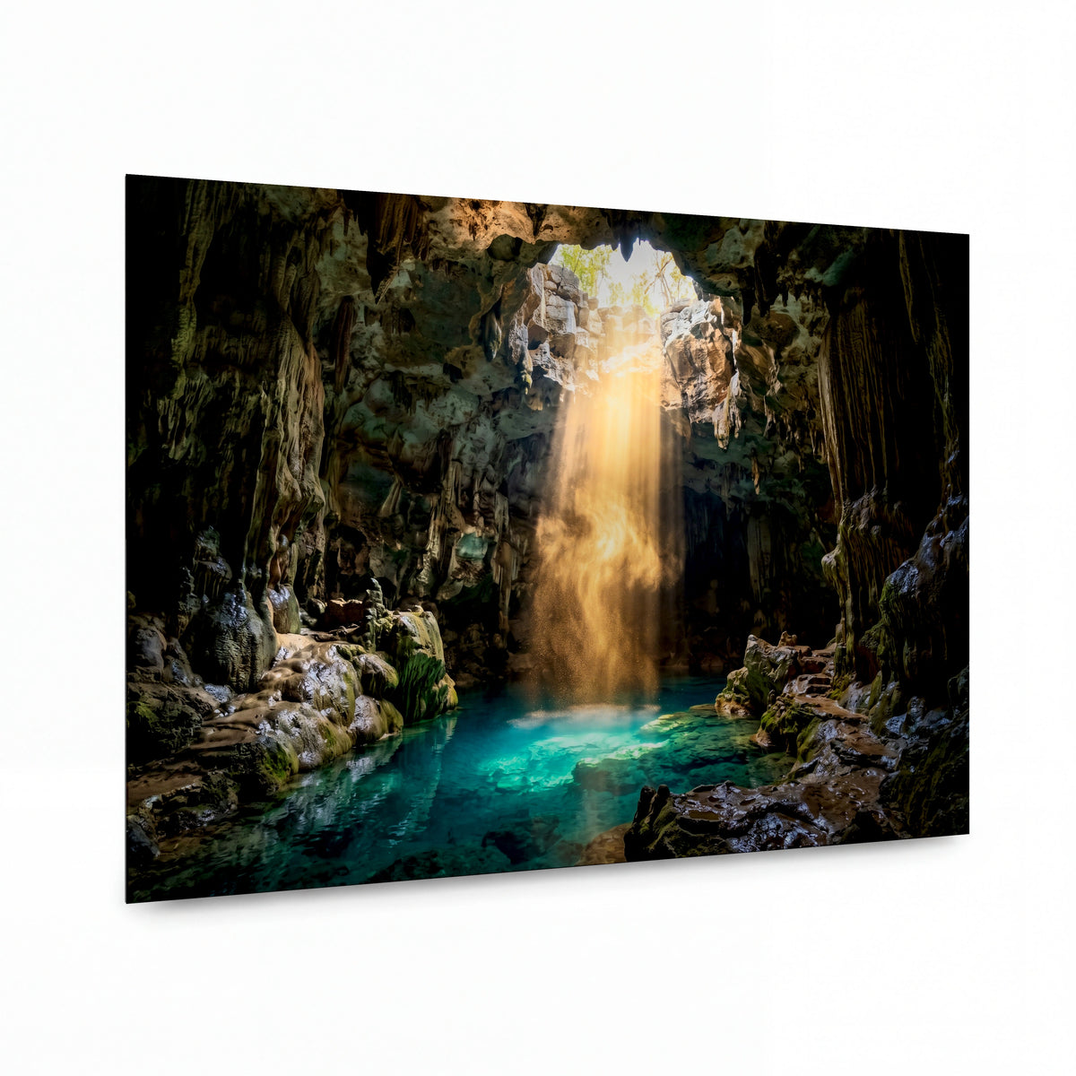 Obraz Vodopád slunce do tyrkysové tůně krápníků — kovový obraz na hliníkovém panelu s vysokým leskem