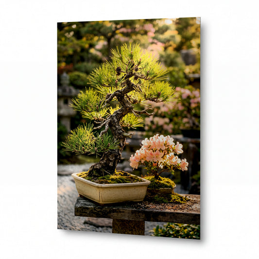 Obraz Bonsai borovice s rozkvetlou azalkou — kovový obraz na hliníkovém panelu s vysokým leskem