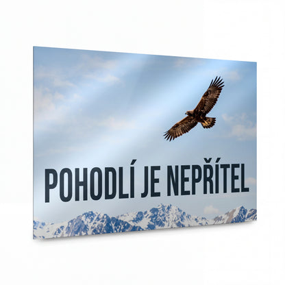 Obraz Sokolí odhodlání nad horami — kovový obraz na hliníkovém panelu s vysokým leskem