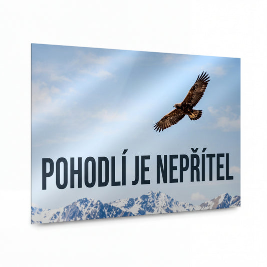 Obraz Sokolí odhodlání nad horami — kovový obraz na hliníkovém panelu s vysokým leskem