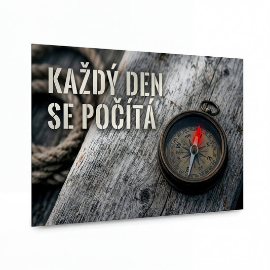 Obraz Kompas jasného směru na dřevěné cestě — kovový obraz na hliníkovém panelu s vysokým leskem
