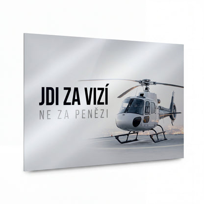 Obraz Helikoptéra nad městem vize — kovový obraz na hliníkovém panelu s vysokým leskem