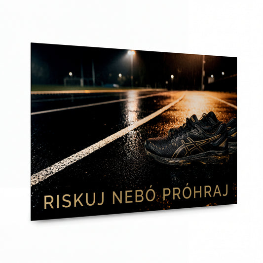 Obraz Běžecké boty na mokré dráze — prémiový kovový obraz — kovový obraz na hliníkovém panelu s vysokým leskem