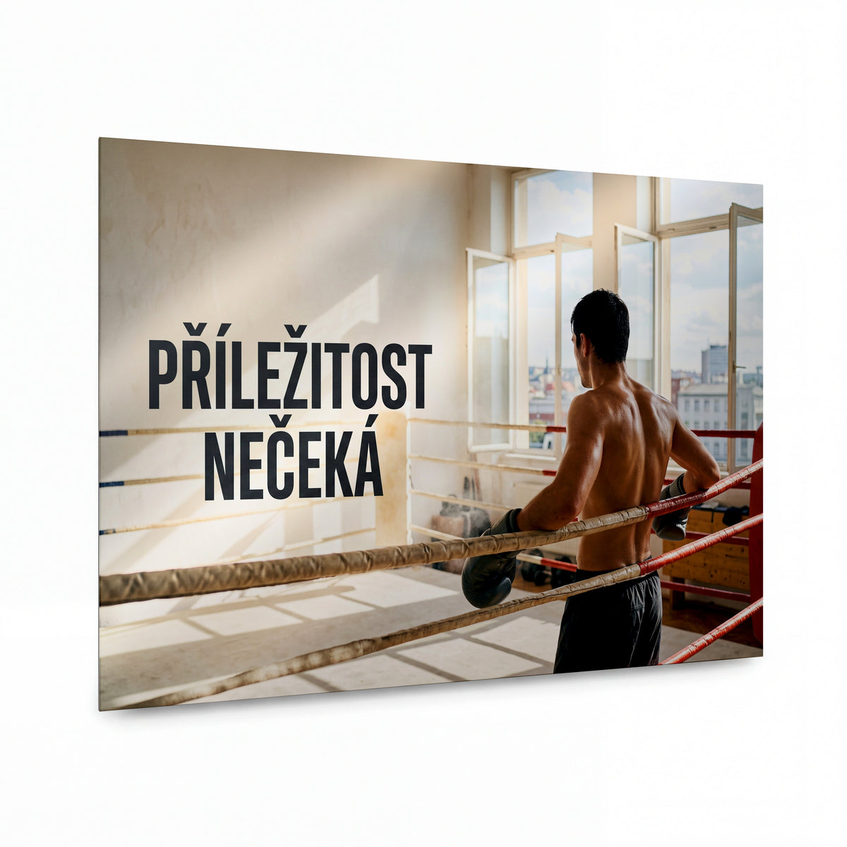 Obraz Boxer u lan s motivačním heslem o příležitostech — kovový obraz na hliníkovém panelu s vysokým leskem