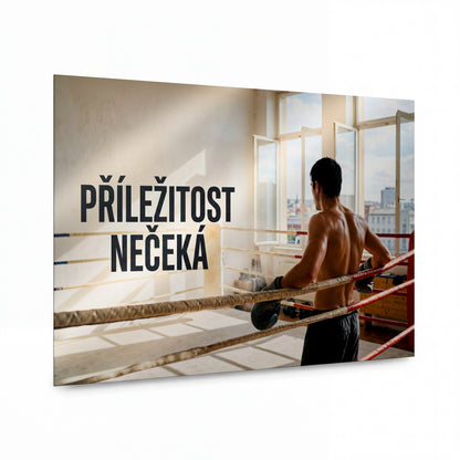 Obraz Boxer u lan s motivačním heslem o příležitostech — kovový obraz na hliníkovém panelu s vysokým leskem