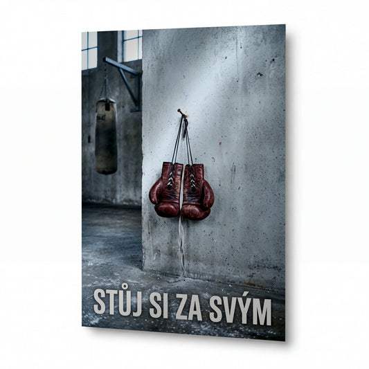 Obraz Boxerské rukavice zavěšené na hřebíku s textem Stůj si za svým — kovový obraz na hliníkovém panelu s vysokým leskem