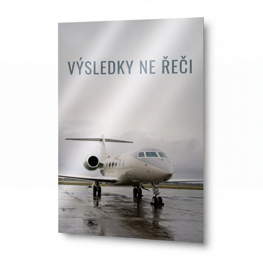 Obraz Výsledky ne řeči — bílý tryskáč v šedém ránu — kovový obraz na hliníkovém panelu s vysokým leskem