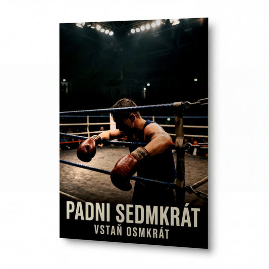 Obraz Vyčerpaný boxer v rohu ringu opírající se o lana — kovový obraz na hliníkovém panelu s vysokým leskem