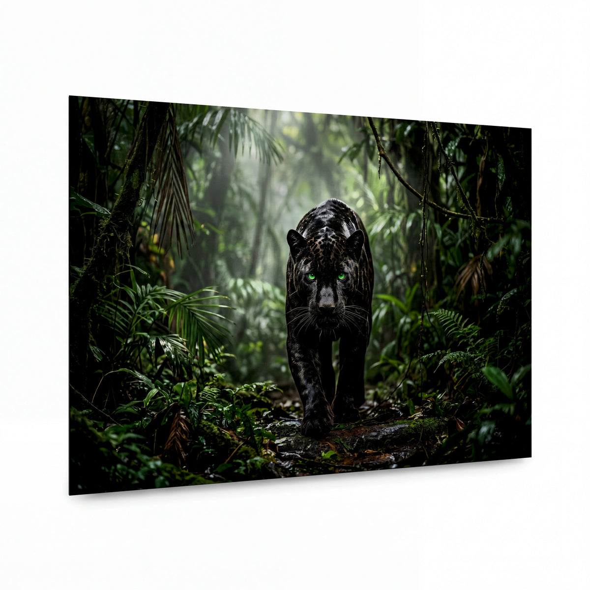 Obraz Černý panter s jadeitovýma očima v mlžném pralese — kovový obraz s vysokým leskem