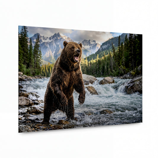 Obraz Grizzly v rozvodněné říčce pod horským masivem — prémiový kovový obraz