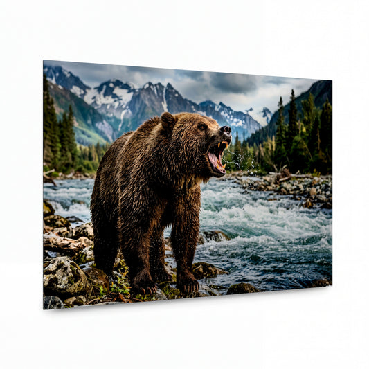 Obraz Grizzly při lovu v horské řece — lesklý obraz na hliníku