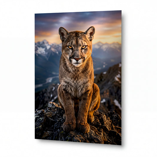 Obraz Puma na skalním vrcholu v záři západu slunce — exkluzivní kovový obraz s vysokým leskem