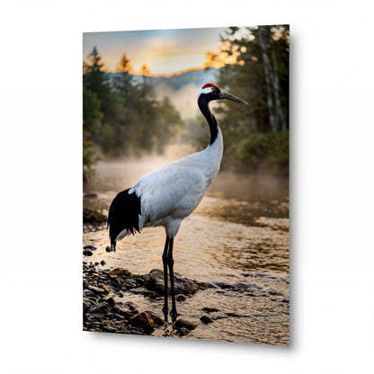 Obraz Jeřáb japonský při západu slunce — zrcadlově lesklý kovový obraz