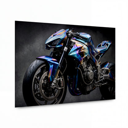 Obraz Duhový chromový superbike v temnotě — kovový obraz na hliníkovém panelu s vysokým leskem